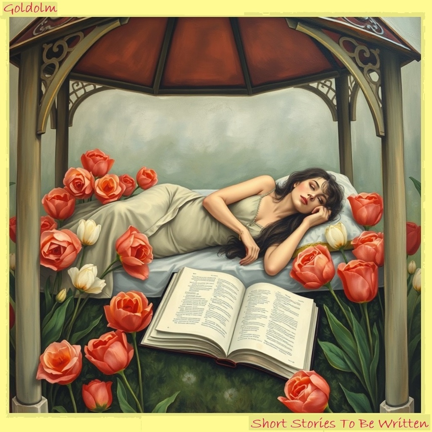 Eine Frau liegt träumend in einem Rosengarten